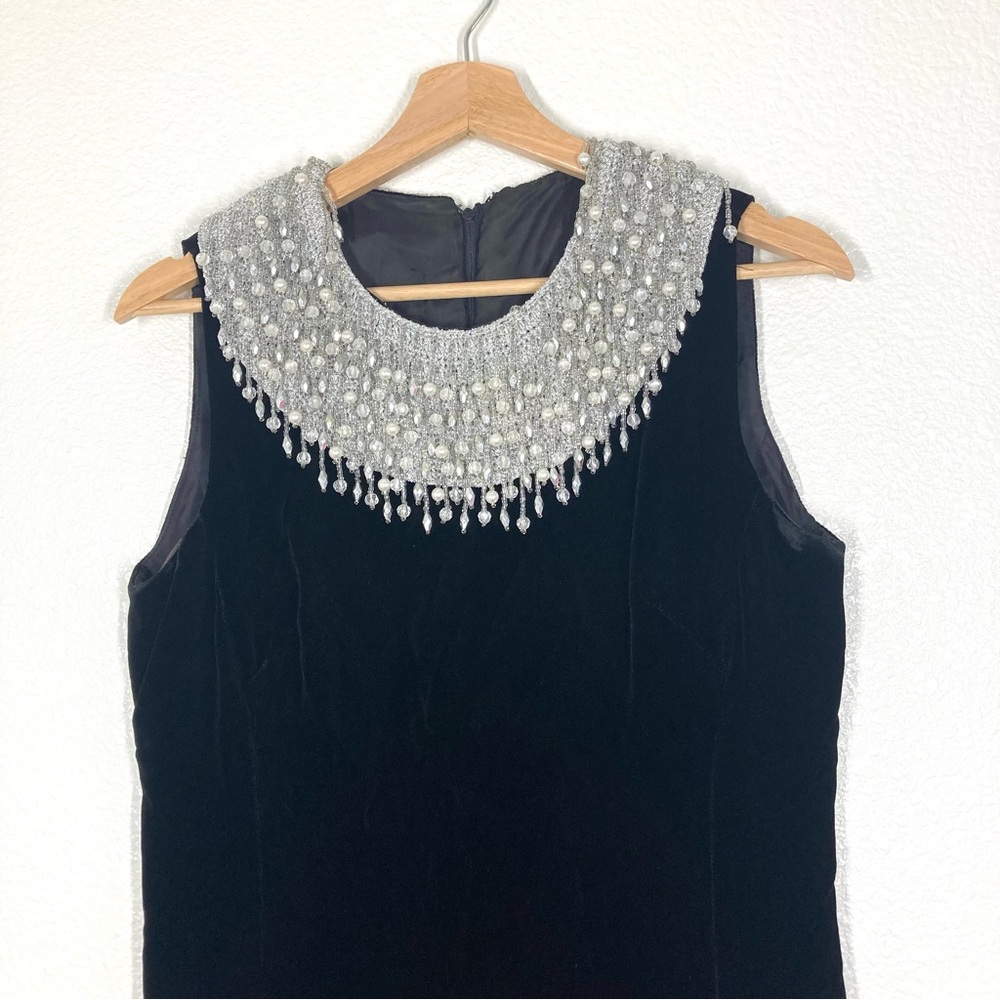 Joseph Magnin Vintage 70s Dress M velvet Embellished Black Silver stones Glam - Picture 3 of 16